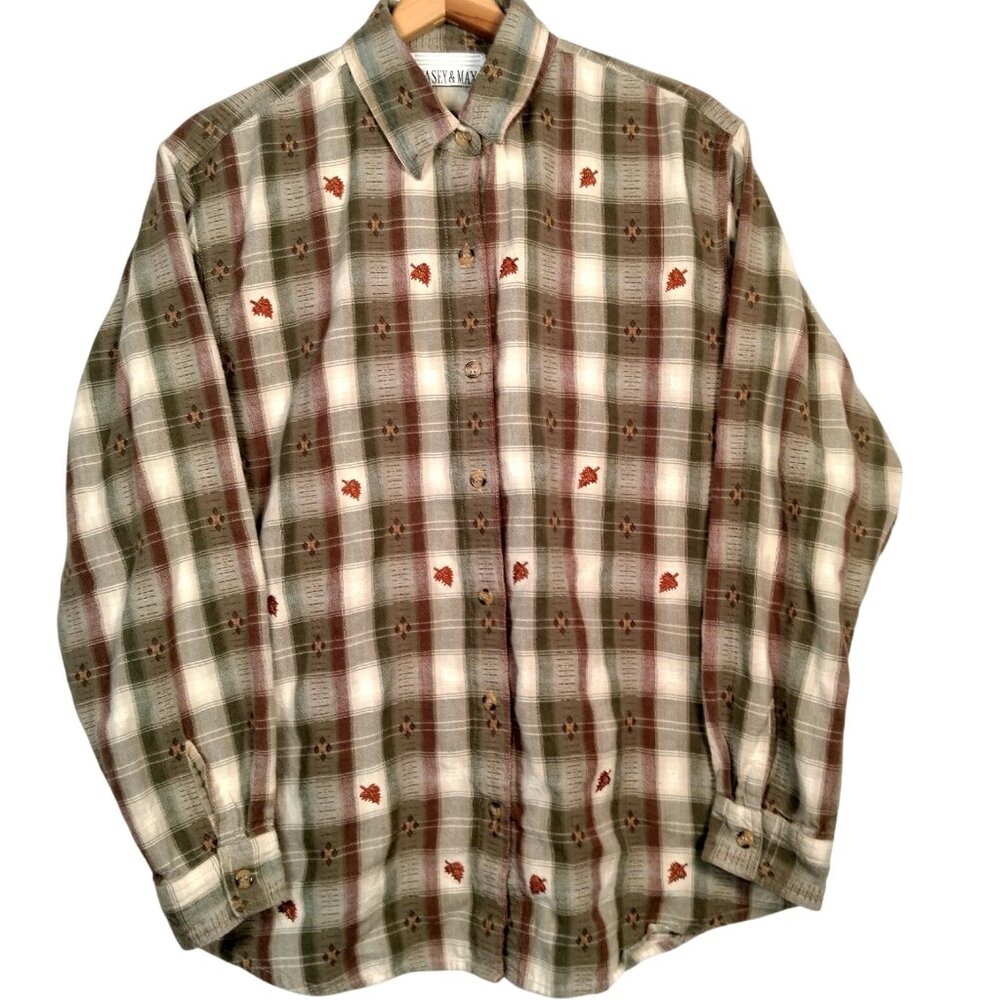 Vintage Casey And Max Blouse Women L Brown Plaid Embroidered Leaf Leaves Fall - Picture 1 of 15